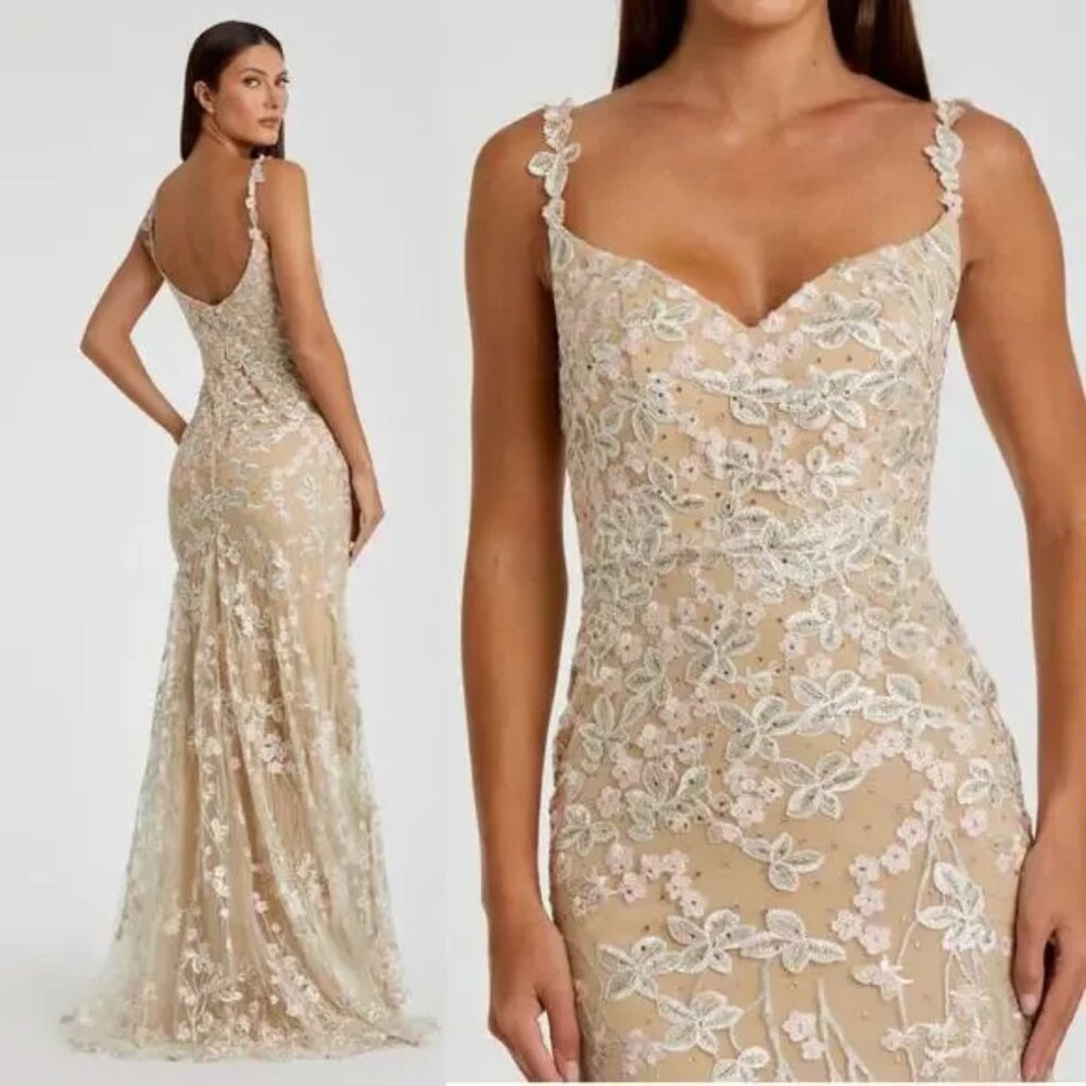 Mac Duggal 67492 Size 14 Pink Green Floral Embroidered Corset Bodice Gown Dress‎
